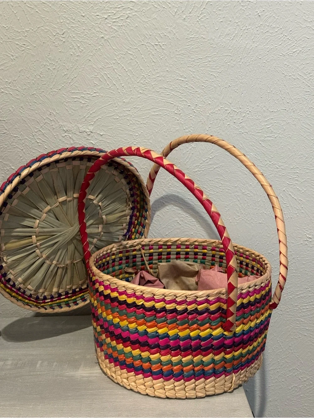 Handwoven Multicolor Woven Basket with Handle